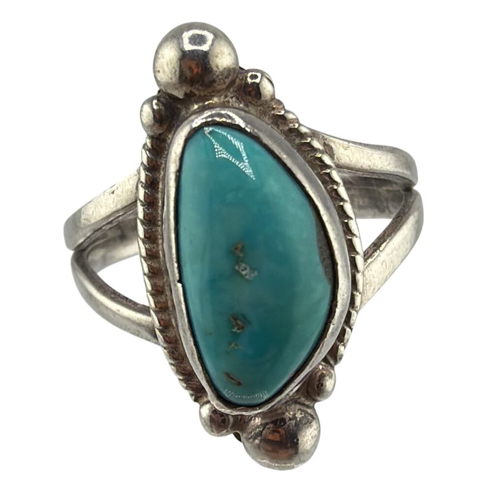 Vintage Southwestern Navajo Sterling Silver Turquoise Marquise Ring 5
